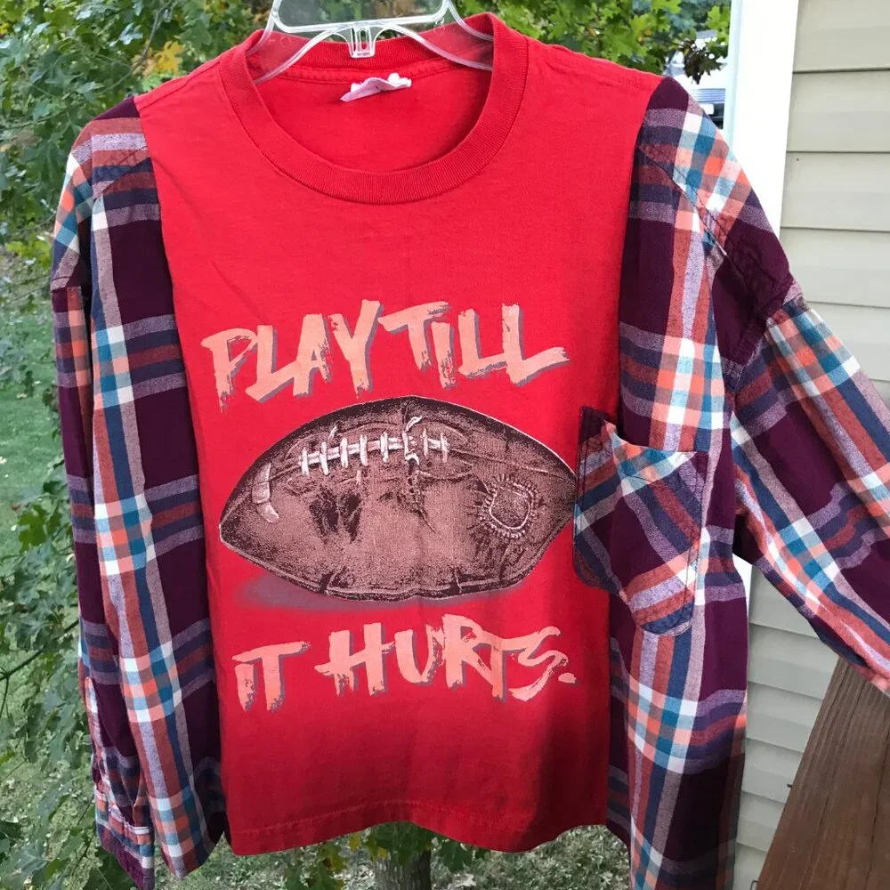 Upcycled Flannel Shirt, Oversized Football Graphic T-Shirt Pullover, Sz M - L - Picture 6 of 11